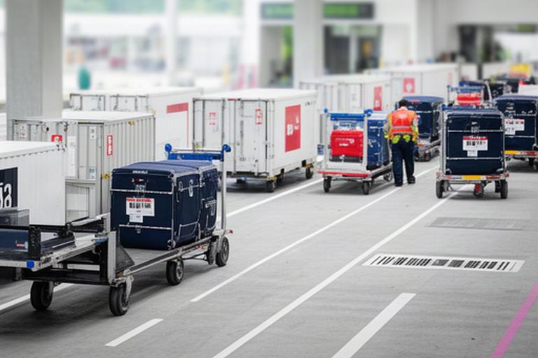 Gepäckwagen und Containerfluss in einem Schweizer Kreuzfahrtterminal bei der Abfertigung