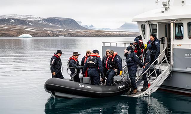Gäste eines Expeditionsschiffs steigen bei ruhigem Polarwasser in ein Zodiac
