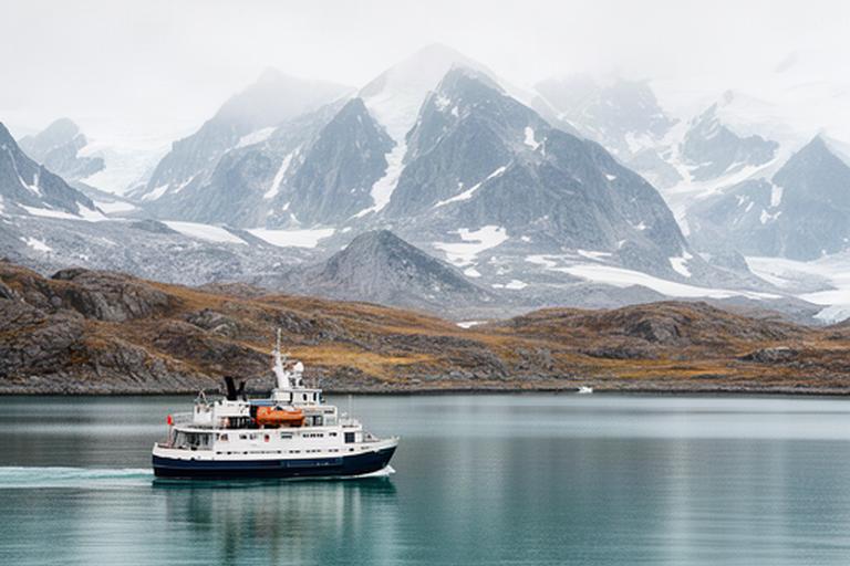 Kleines Expeditionsschiff vor einer arktischen Küste mit ruhigem Wasser