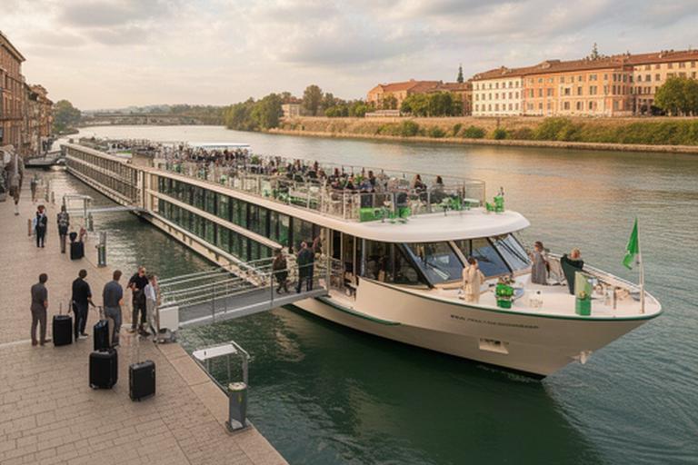 Flusskreuzfahrtschiff an einem europäischen Anleger während des Boardings