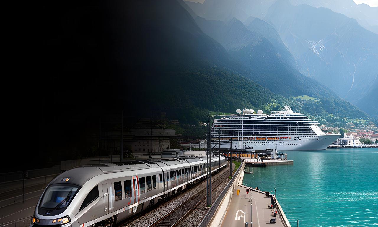 Moderner Zug vor Alpenkulisse mit Kreuzfahrtschiff an einem europäischen Hafen
