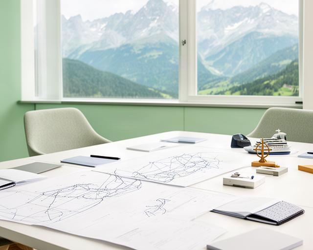 Helles Besprechungszimmer mit maritimen Plänen, Notizen und Blick auf die Schweizer Voralpen