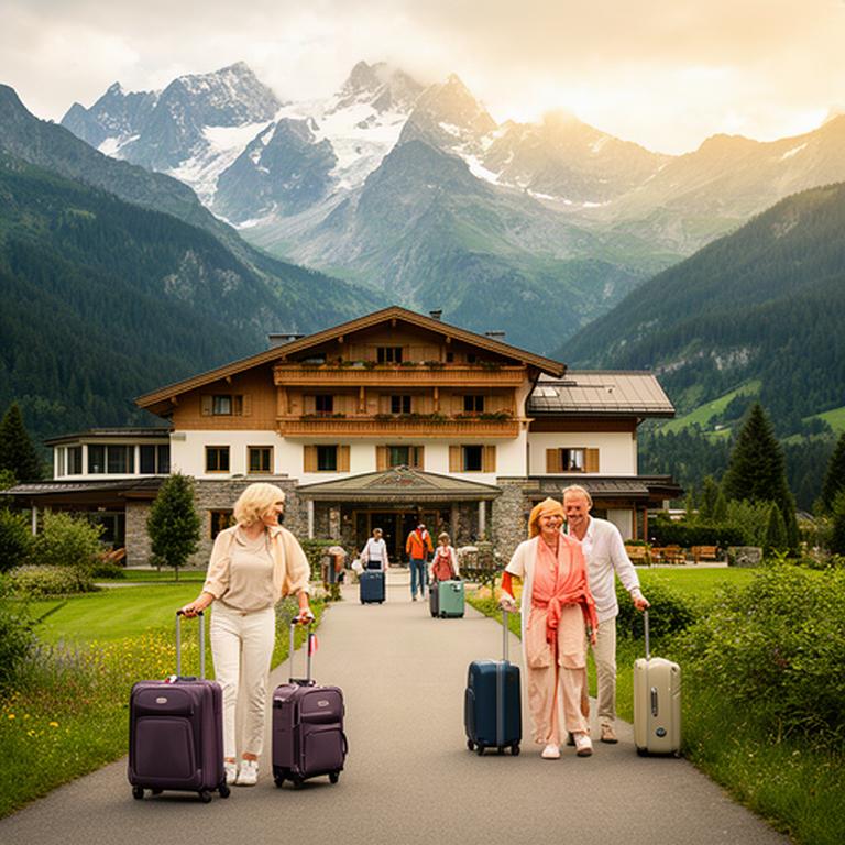 Alpenhotel mit Reisenden und Gepäck vor einer Berglandschaft als Teil einer Kreuzfahrtkombination