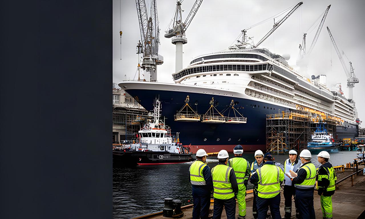 Kreuzfahrtschiff während eines Werftaufenthalts mit Kränen, Gerüsten und technischer Projektbesprechung