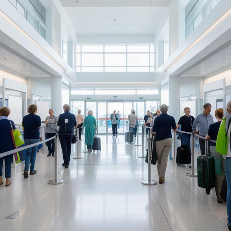 Passagiere beim geordneten Boarding an einem hellen Kreuzfahrtterminal mit beschilderten Wartezonen